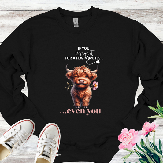 Cute Highland Cow 'Unplug and Recharge' Crewneck Sweatshirt