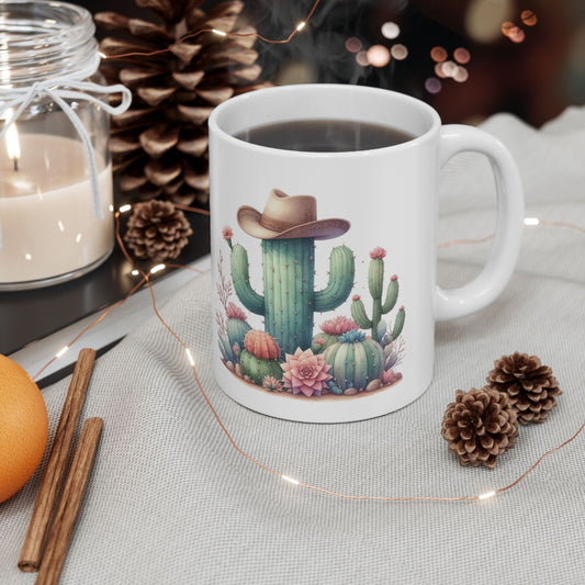 Pastel Western Cactus Ceramic Mug, (11oz, 15oz)