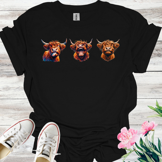 Highland Humor: 3 Hilarious Cow Designs! Cotton short sleeve T-shirts, Cute highland Cows, West Highland Cows.