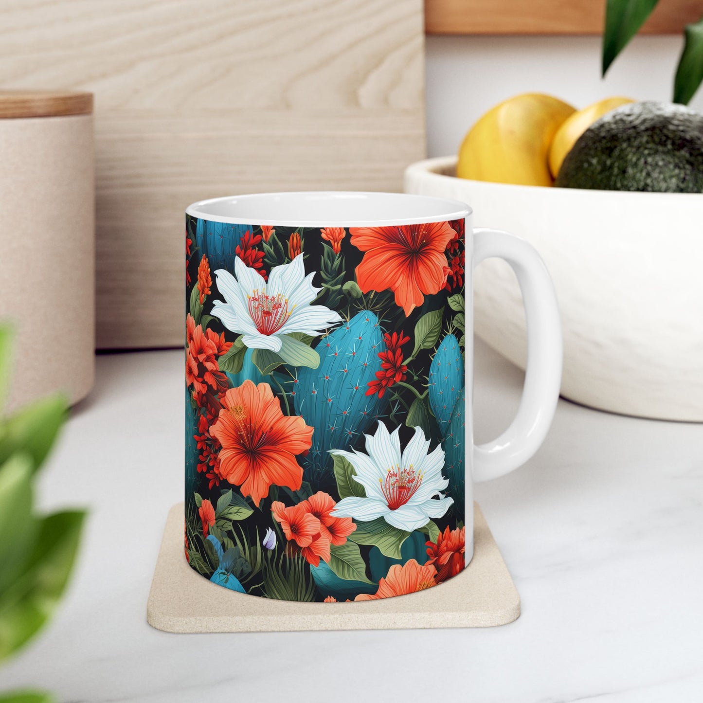 Cactus Summer Flowers Ceramic Mug, (11oz, 15oz)